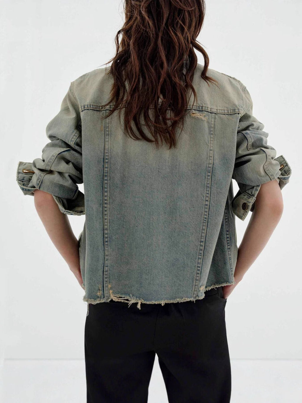 Distressed Wash Button Up Denim Jacket
