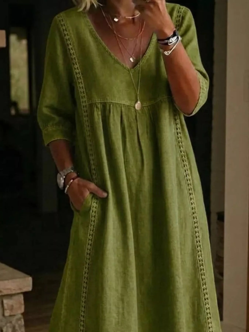 Full Size V-Neck 3/4 Sleeve Midi Dress Plus Size