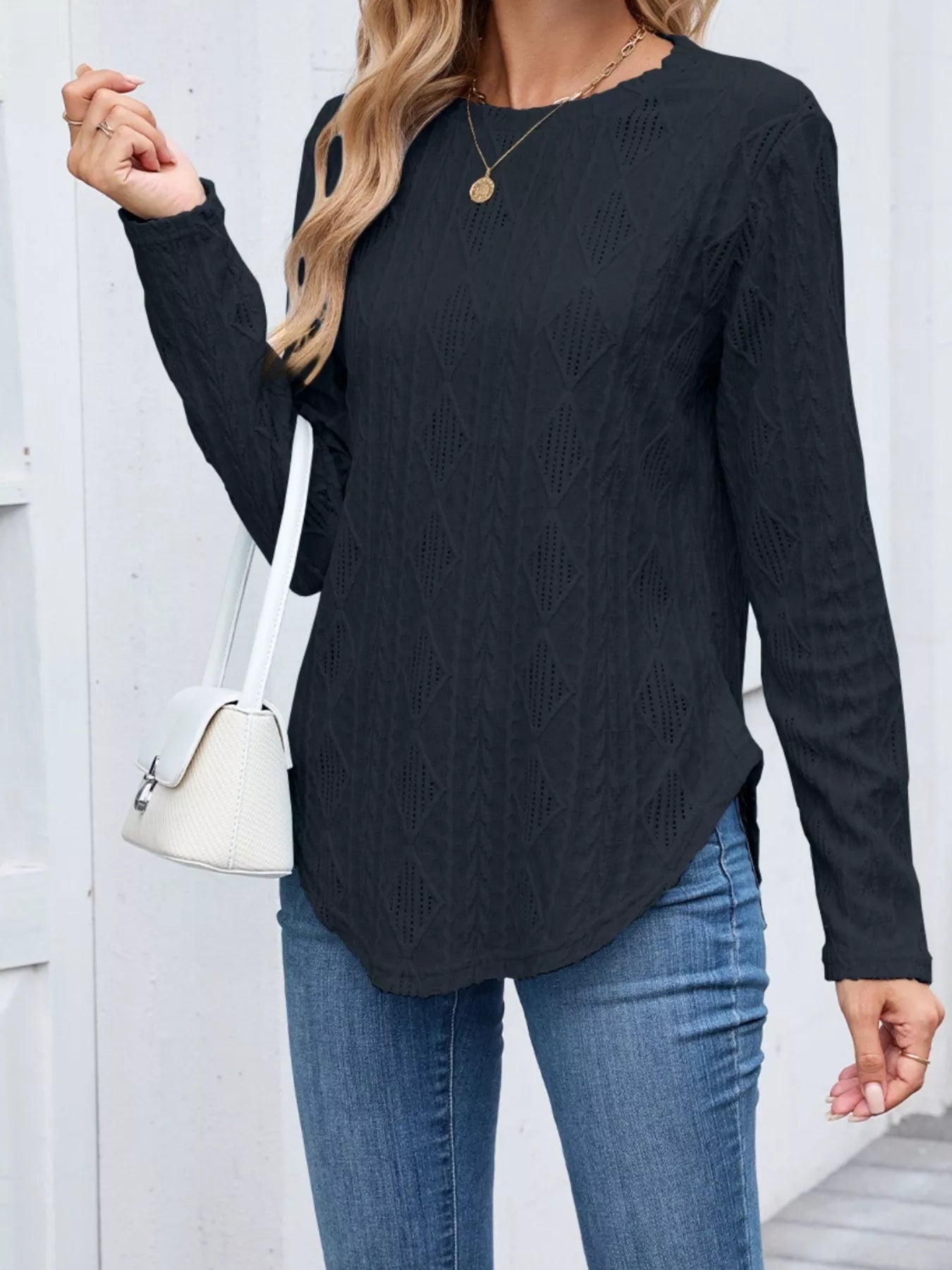 Diamond Pattern Knit Long Sleeve T-Shirt