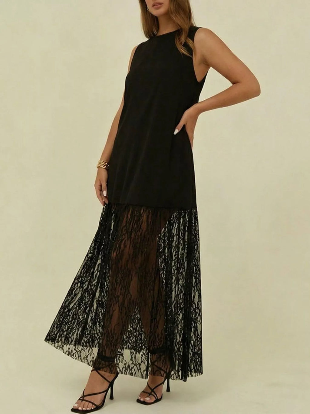 Plus Size Sleeveless Lace Trim Maxi Dress
