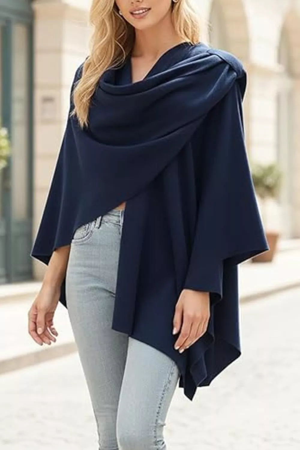 Draped Knitted Split Cape Shawl with Strap