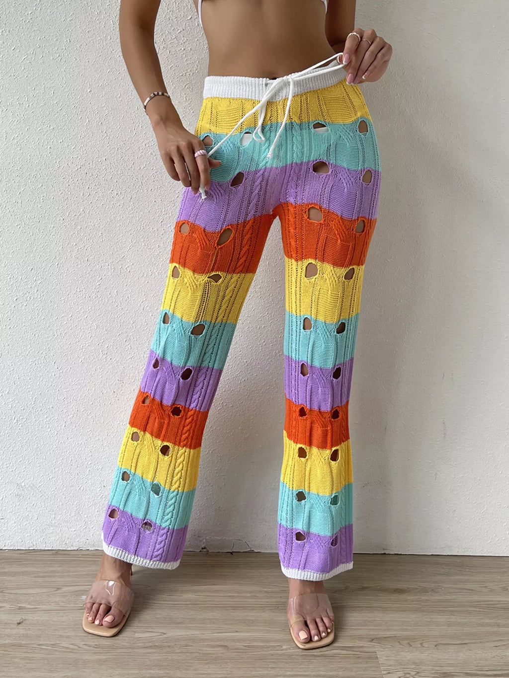 Striped Crochet Hollow-Out Knit Pants