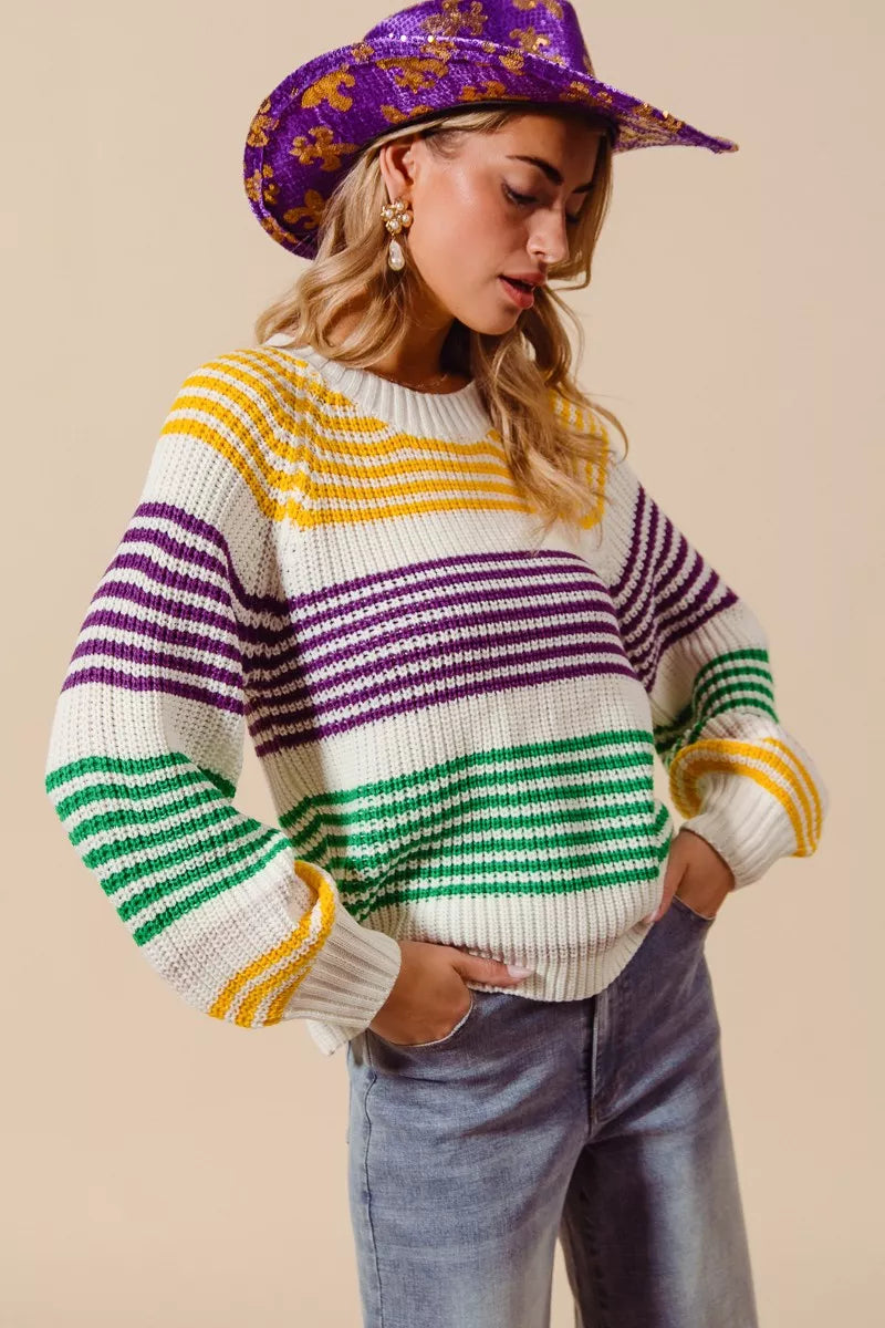 SO ME Mardi Gras Color Striped Raglan Sweater Top