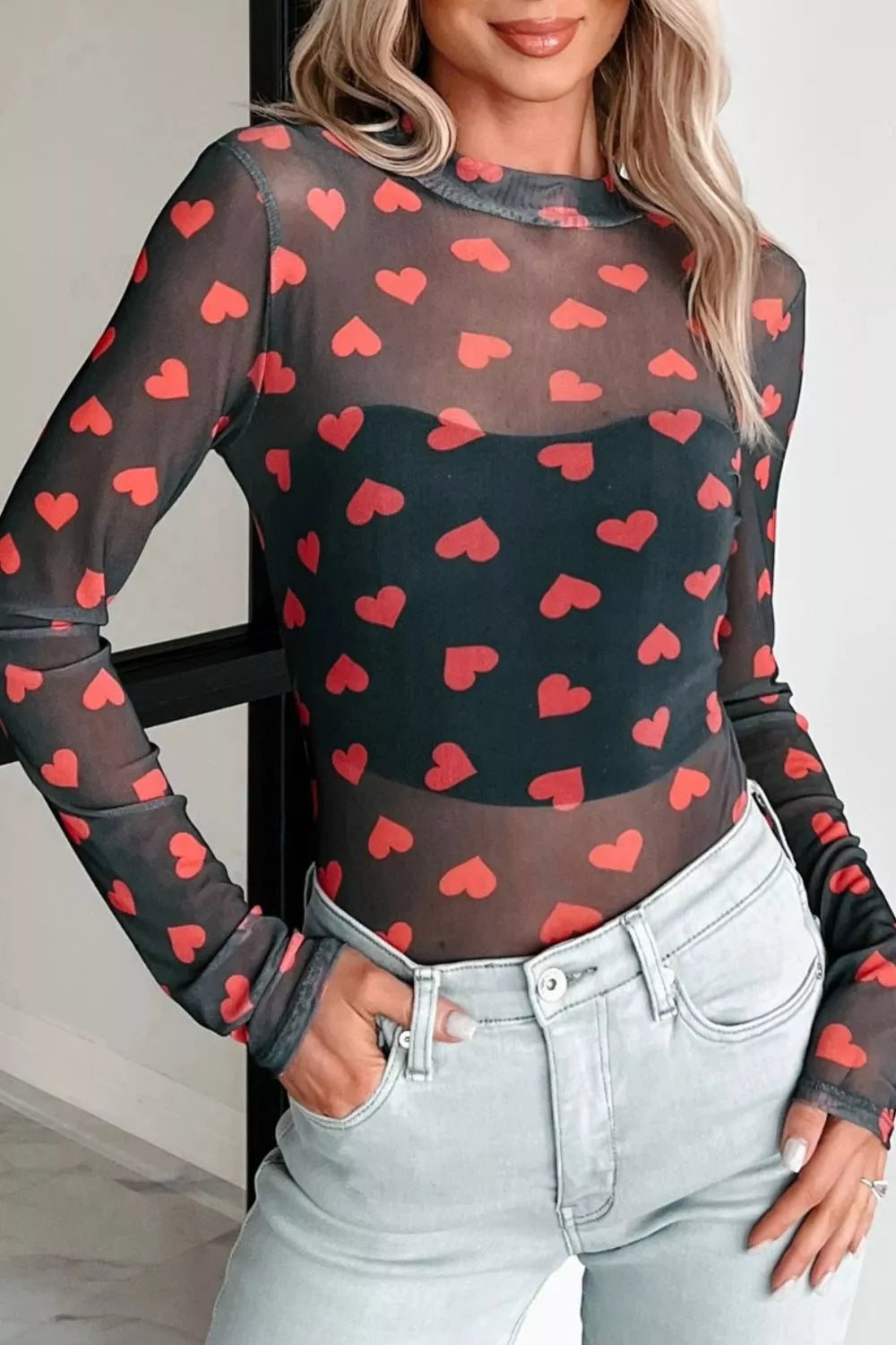 Valentines Heart Printed Sheer Mesh Long Sleeve Top
