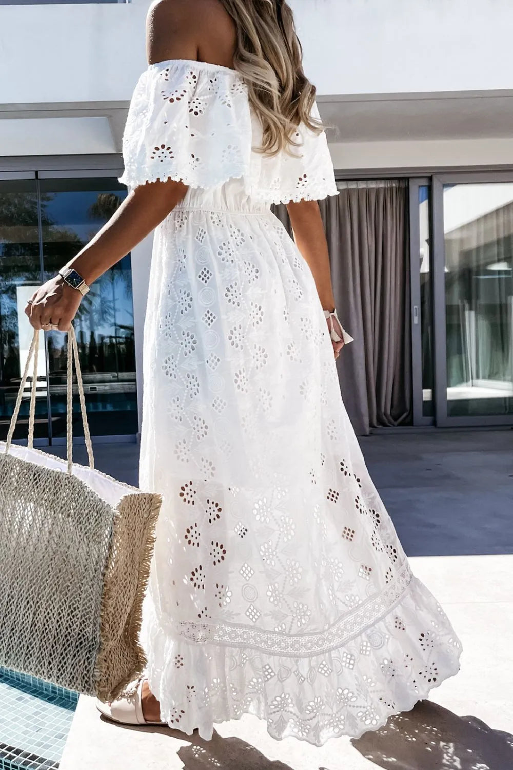 Off Shoulder Eyelet Lace Maxi Dress