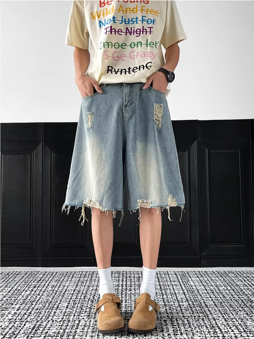 Men's Full Size Distressed Wide Leg Denim Shorts Plus Size