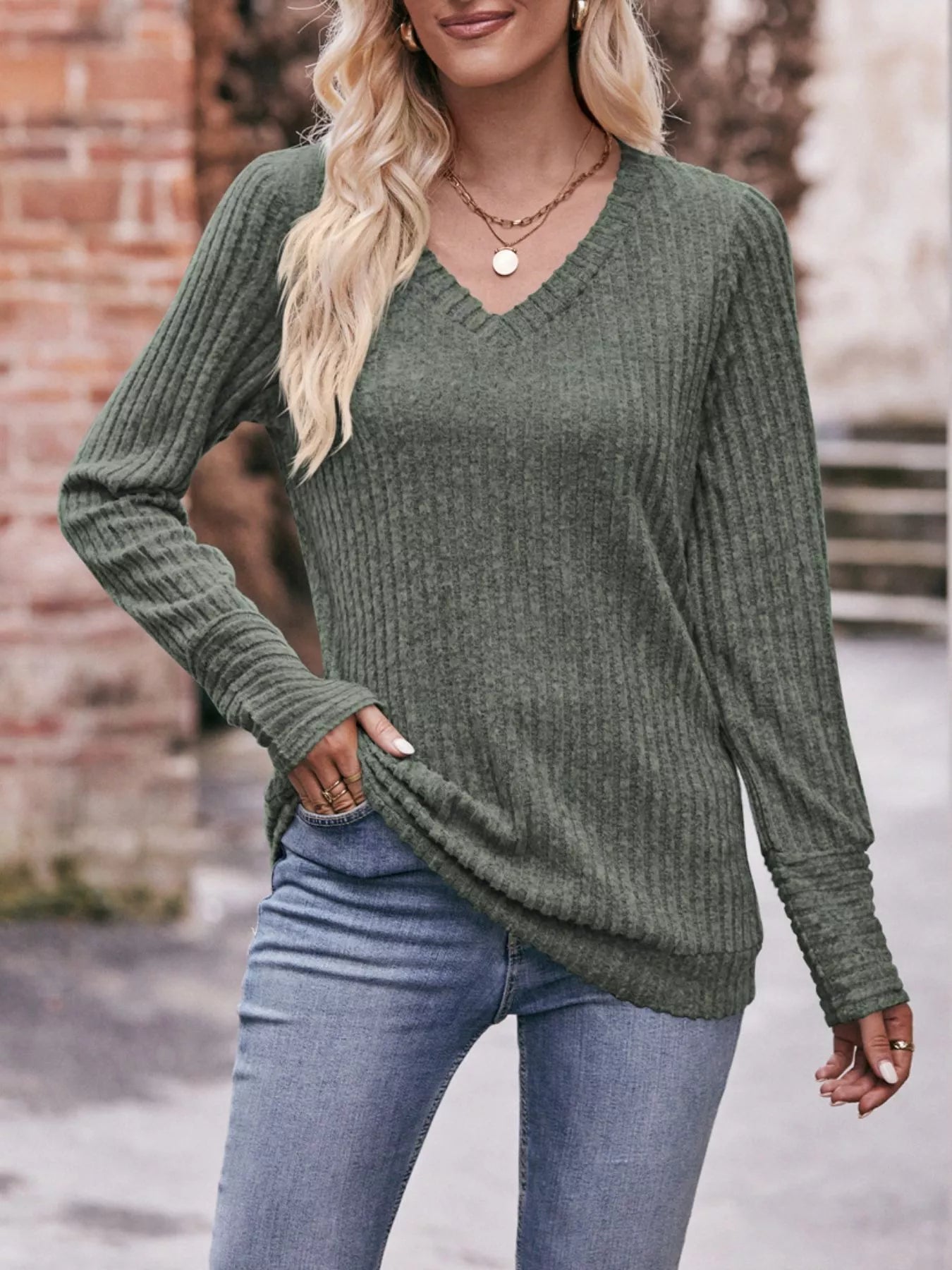 V-Neck Ribbed Knit Long Sleeve T-Shirt