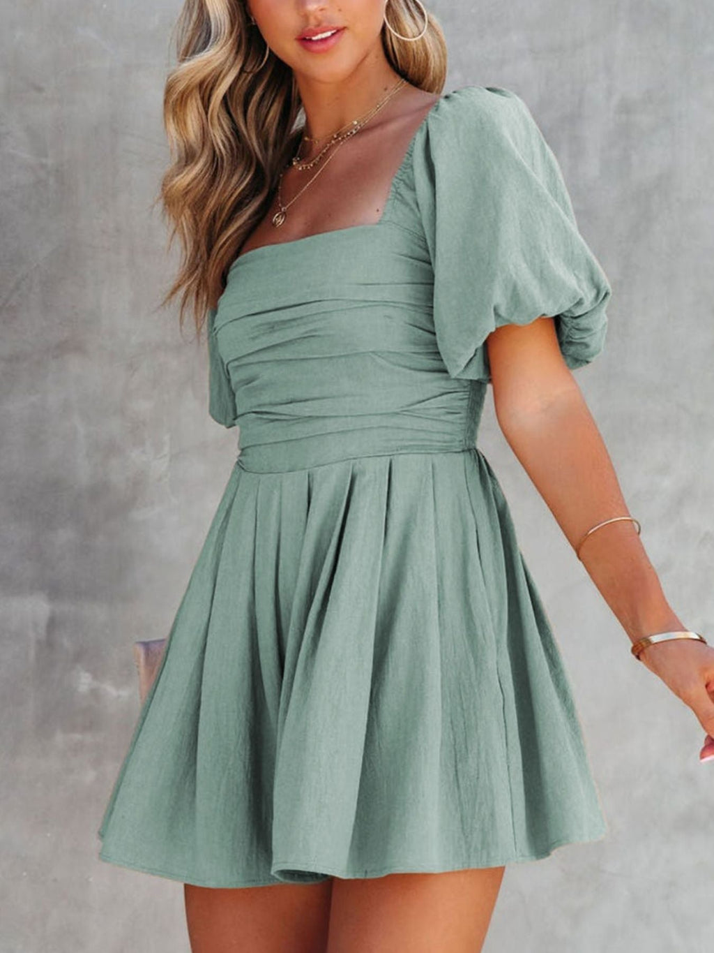 Square Neck Ruched Puff Sleeve Romper