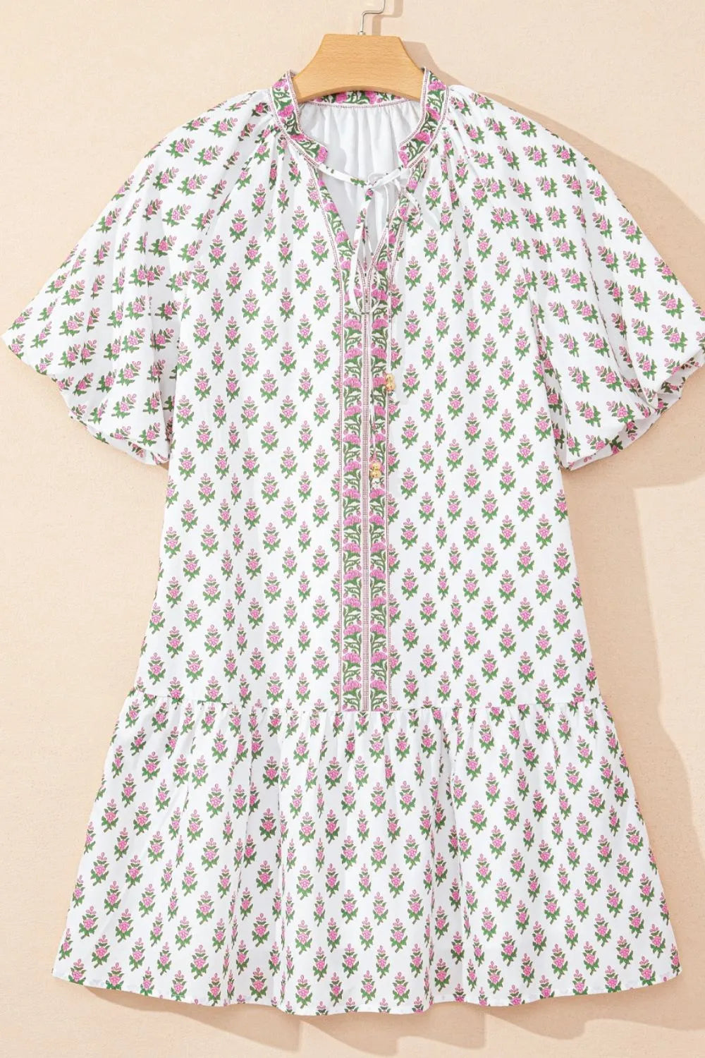 Floral Print Puff Sleeve Tie Neck Ruffled Hem Dress