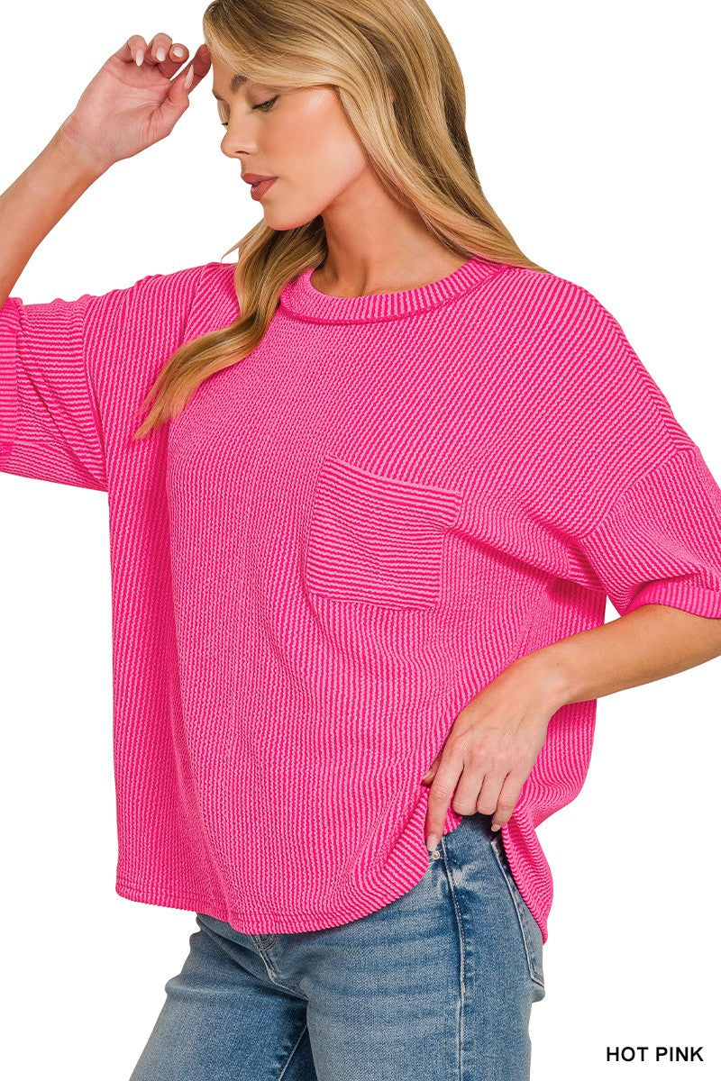 Zenana Raised Rib Short Sleeve Front Pocket Top