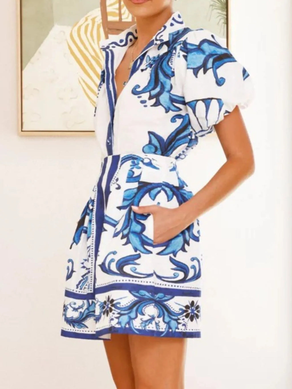 Puff Sleeve Printed Top and Zip Back Skirt Set