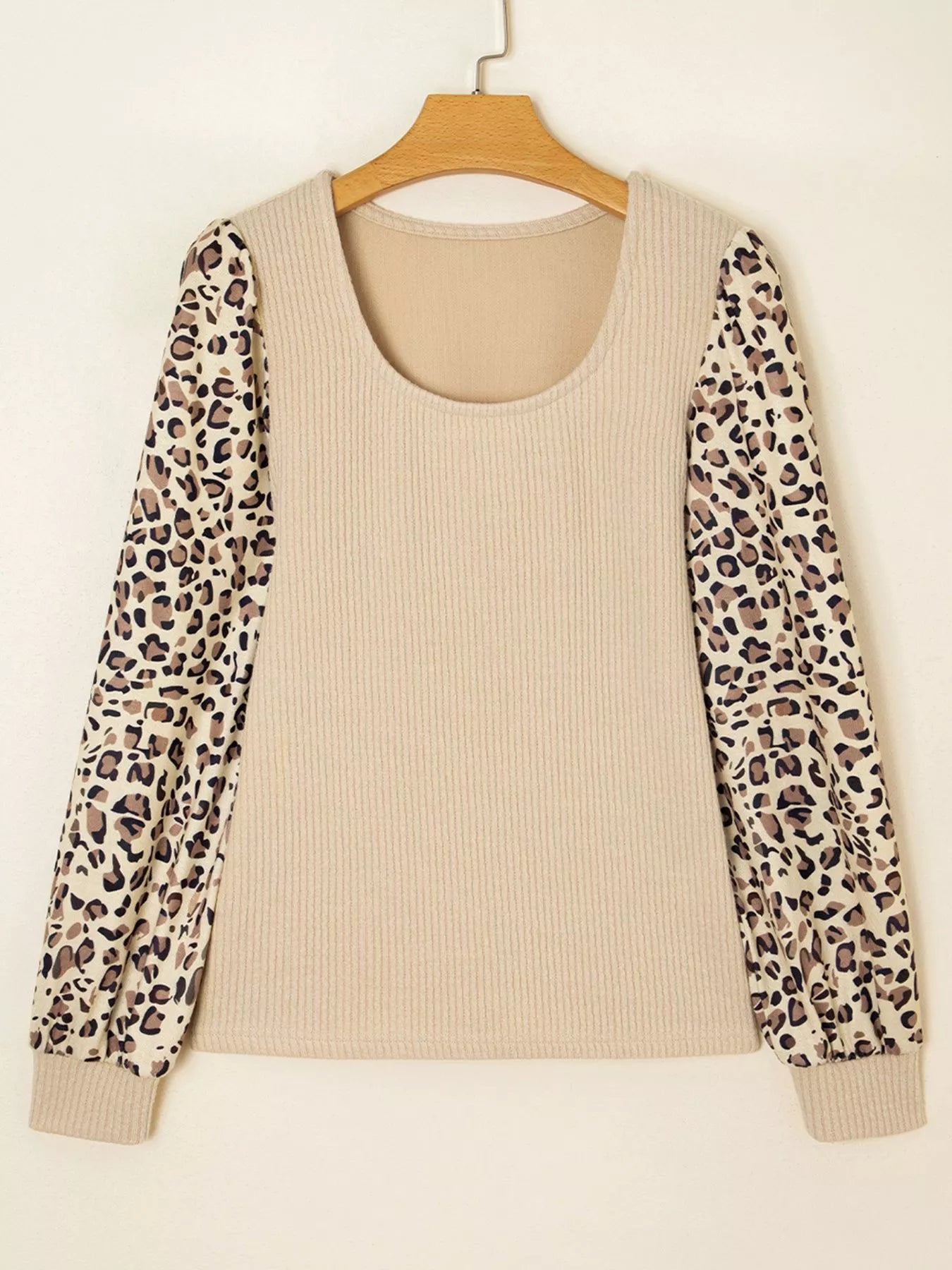 Leopard Sleeve Patchwork Ribbed Knit U Neck Top