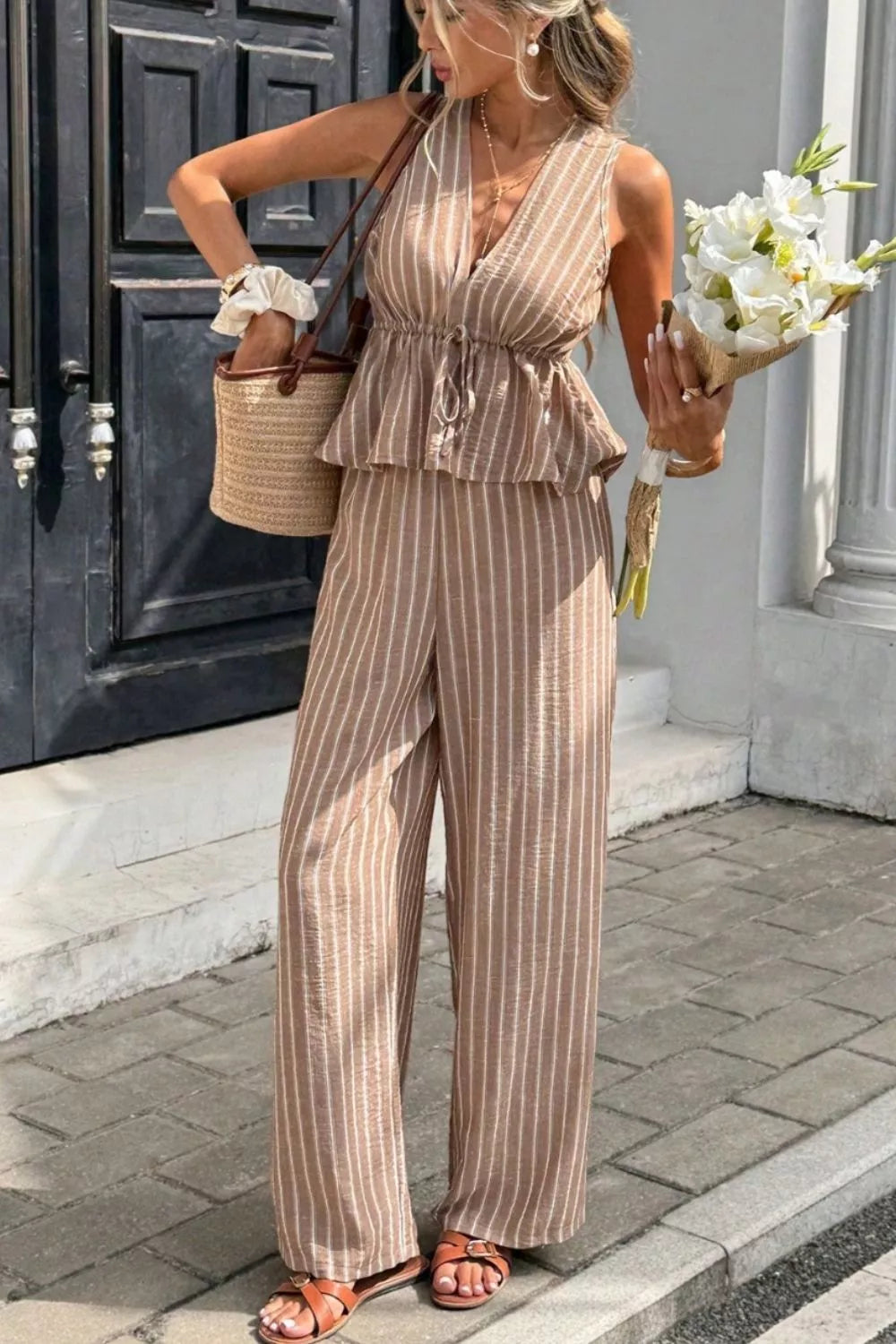 Striped Sleeveless Top and Wide Leg Pants Set