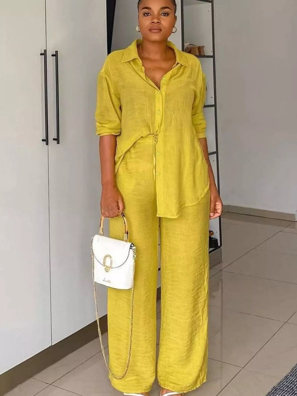Tie-Front Top and Wide Leg Pants Set
