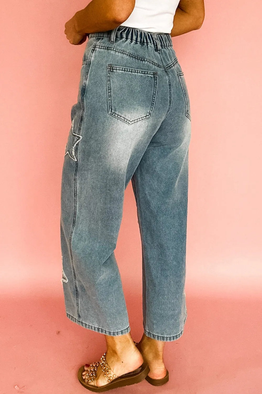 Star Embroidered High Waist Wide Leg Jeans