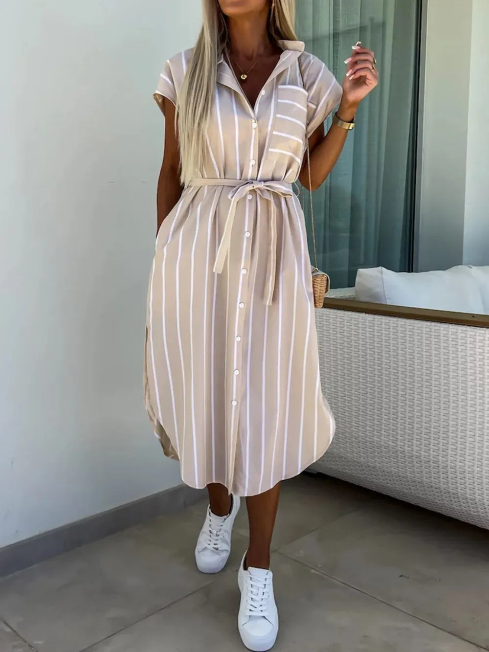 Striped Tie Waist Short Sleeve Dress
