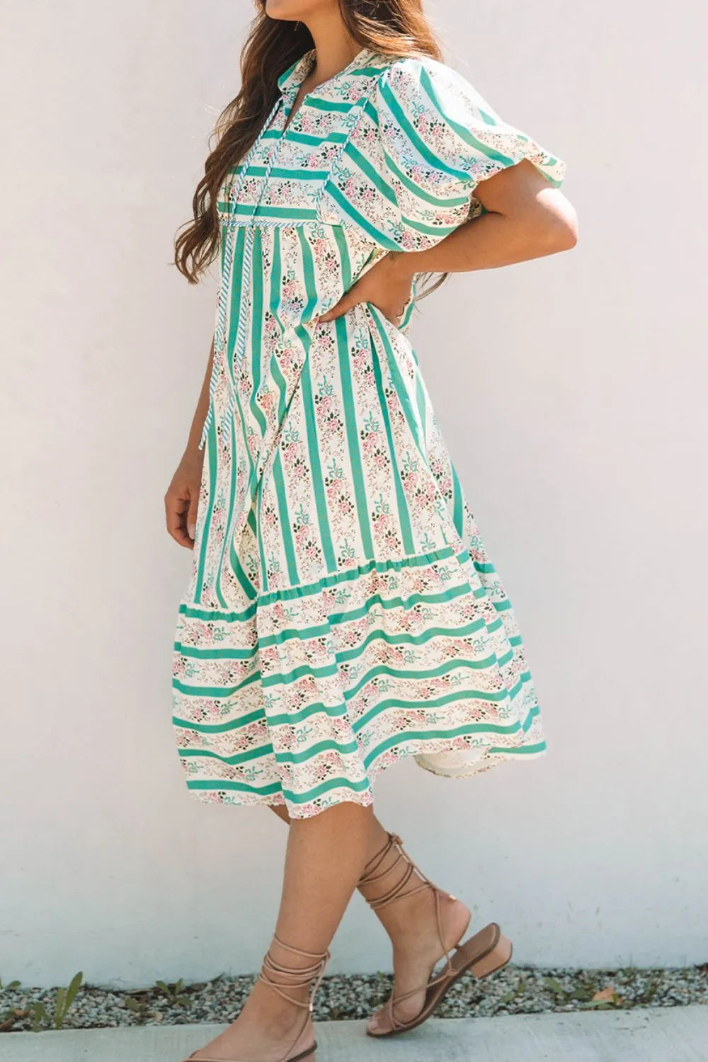 Striped Floral Print Tie Neck Puff Sleeve Midi Dress