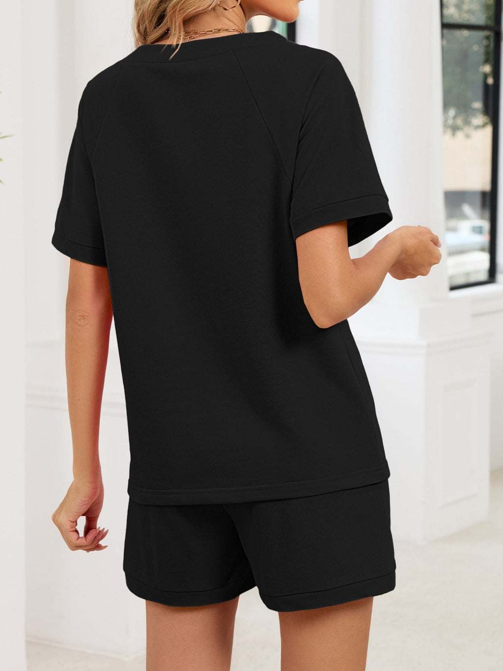 Notched Short Sleeve Top and Shorts Set