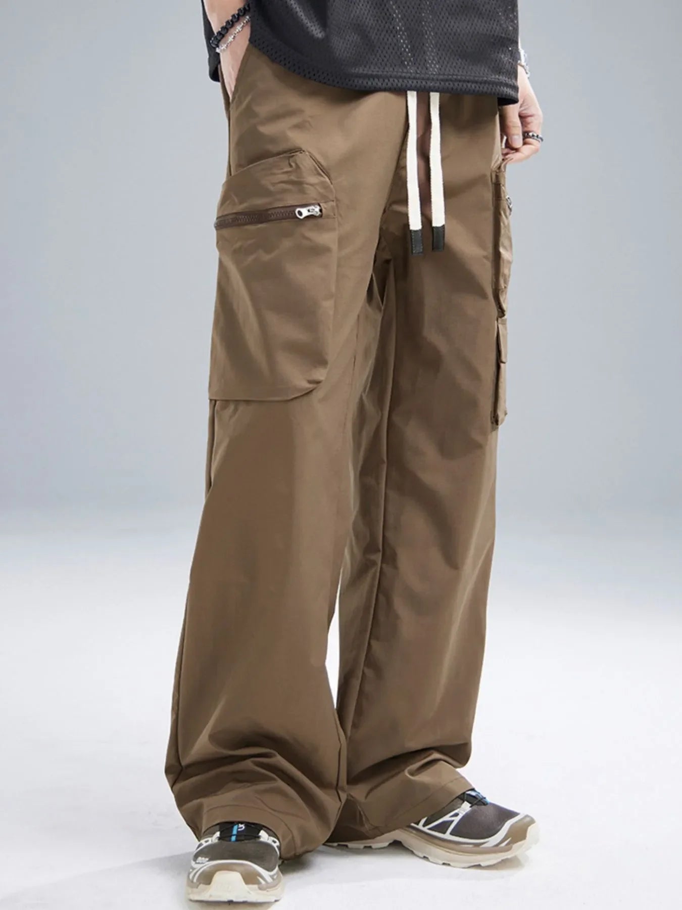Men's Multi-Pocket Cargo Wide Leg Pants with Drawstring Waist