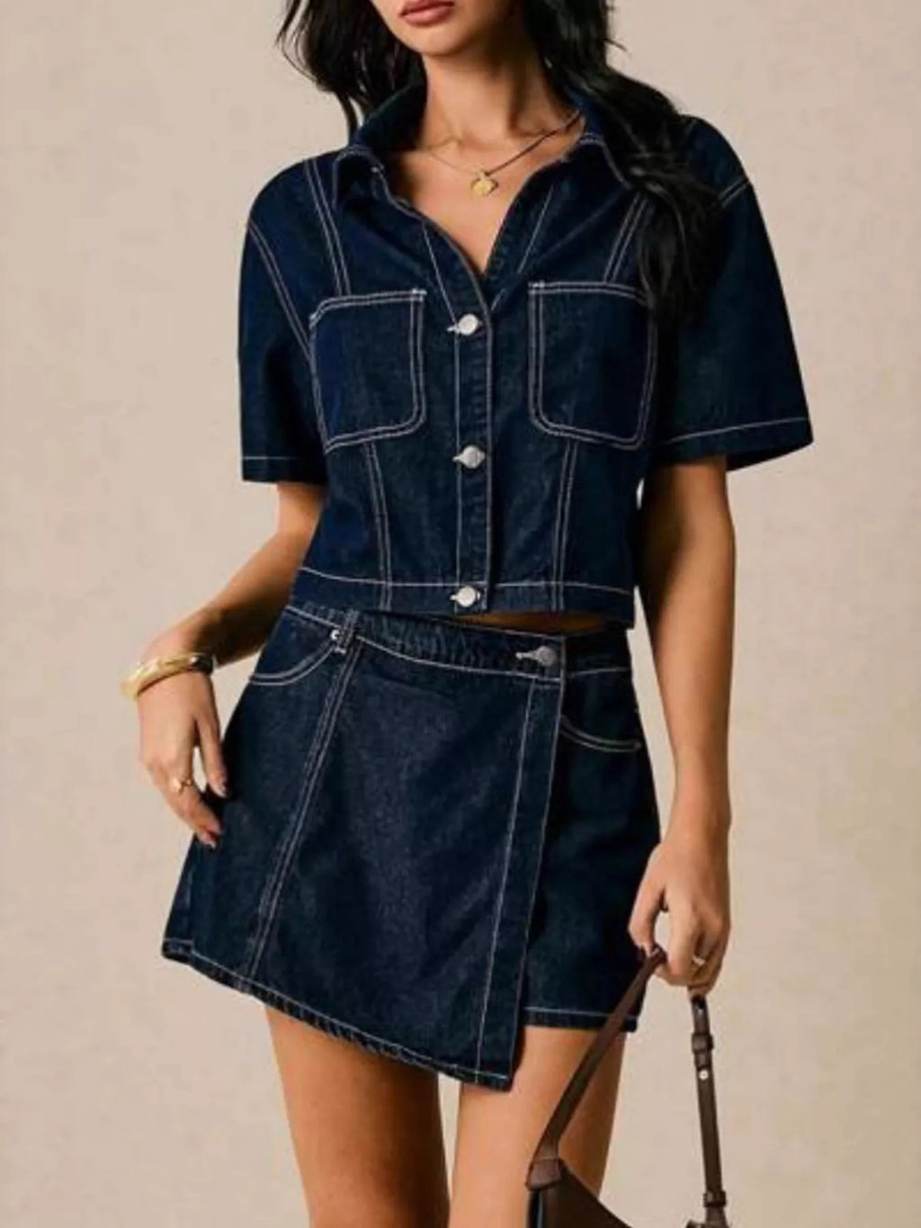 Button Up Short Sleeve Top and Skort Denim Set