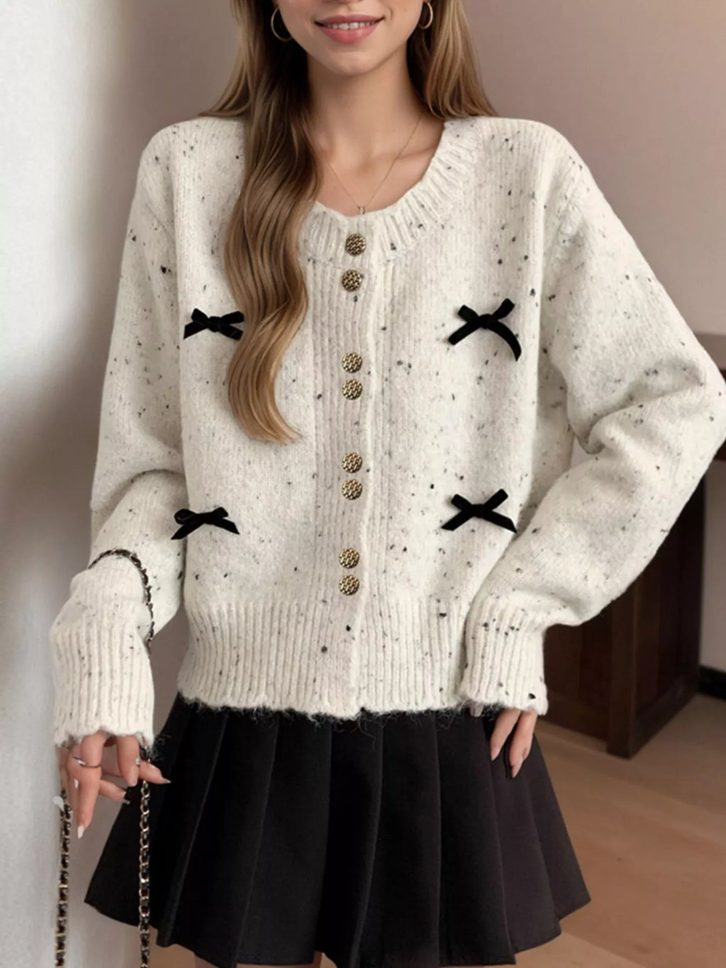 Bow Button Up Ribbed Hem Cardigan