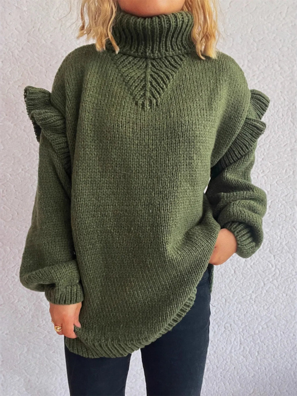Ruffled Turtleneck Long Sleeve Sweater