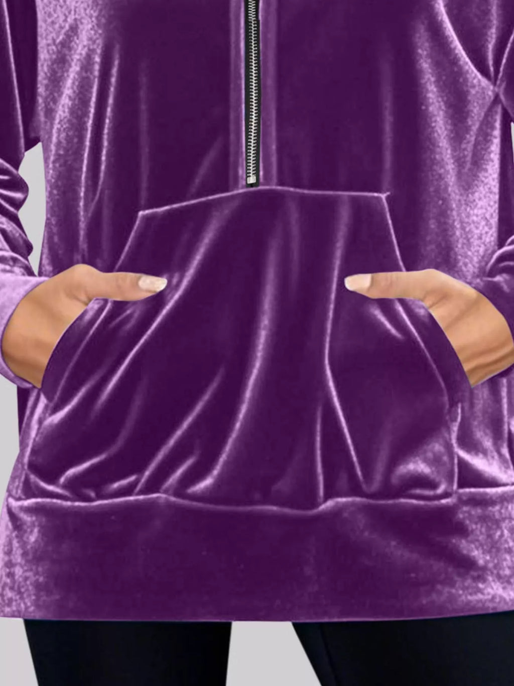 Full Size Velvet Half Zip Hoodie with Kangaroo Pocket Plus Size
