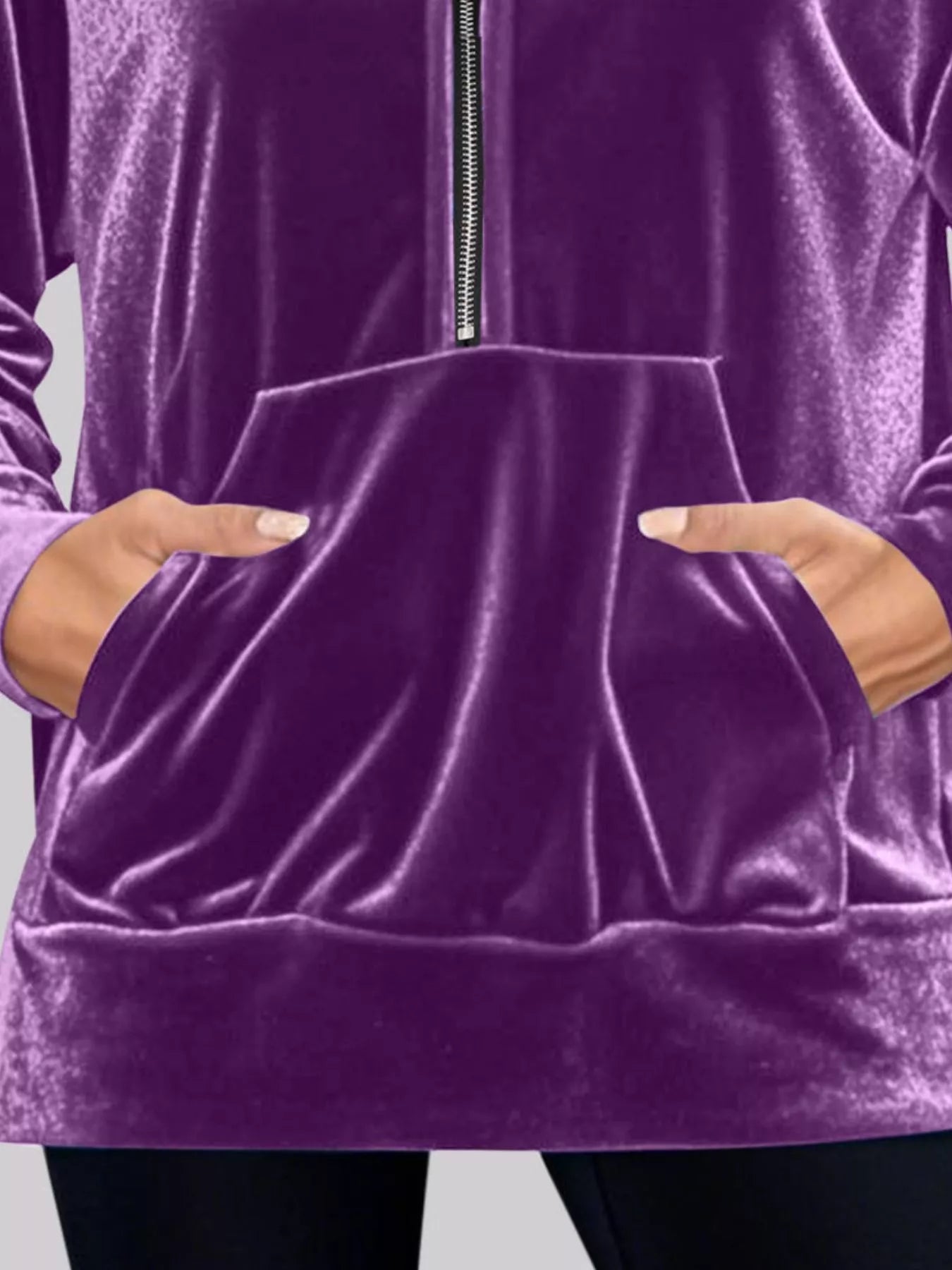 Full Size Velvet Half Zip Hoodie with Kangaroo Pocket Plus Size