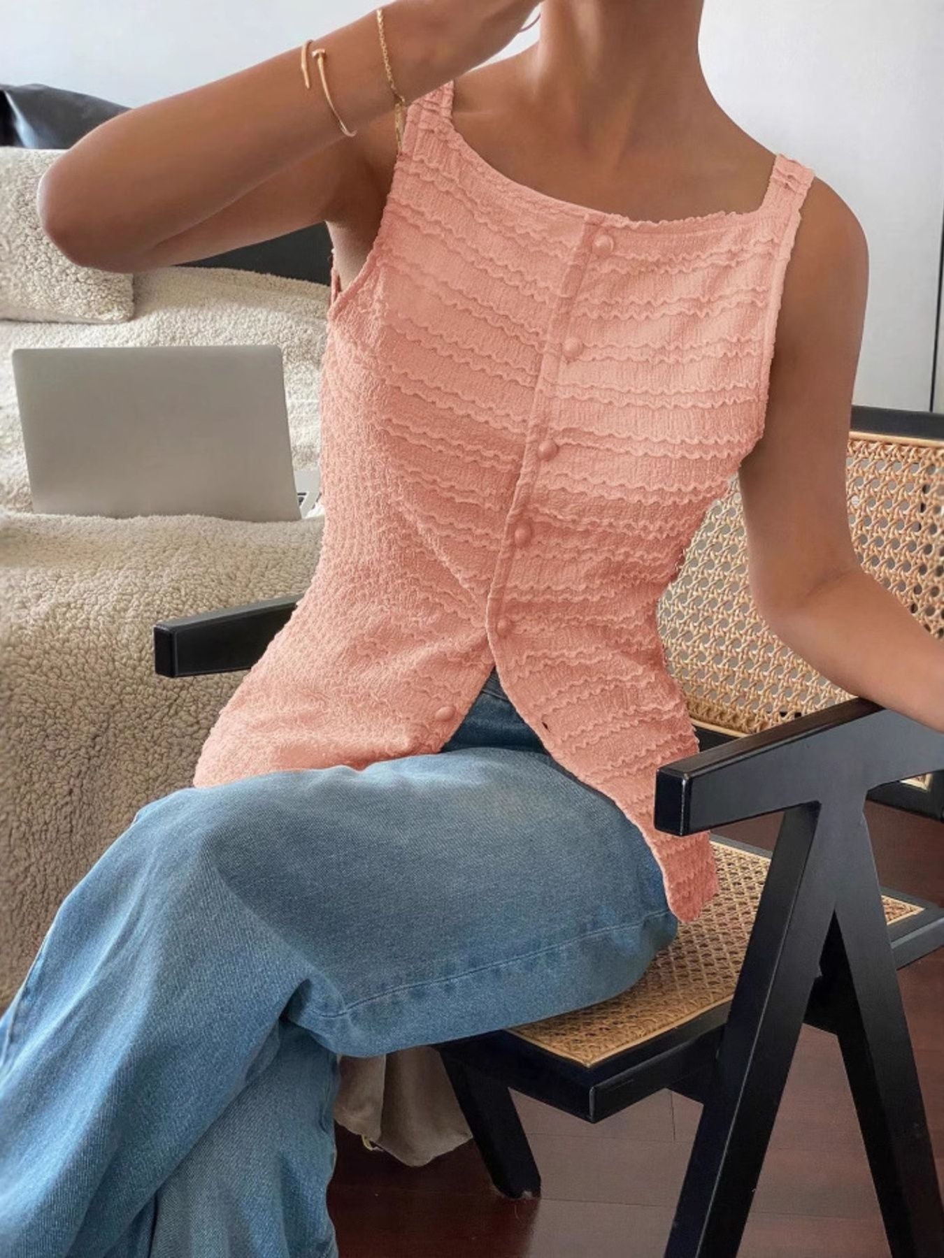 Textured Button-Front Tank