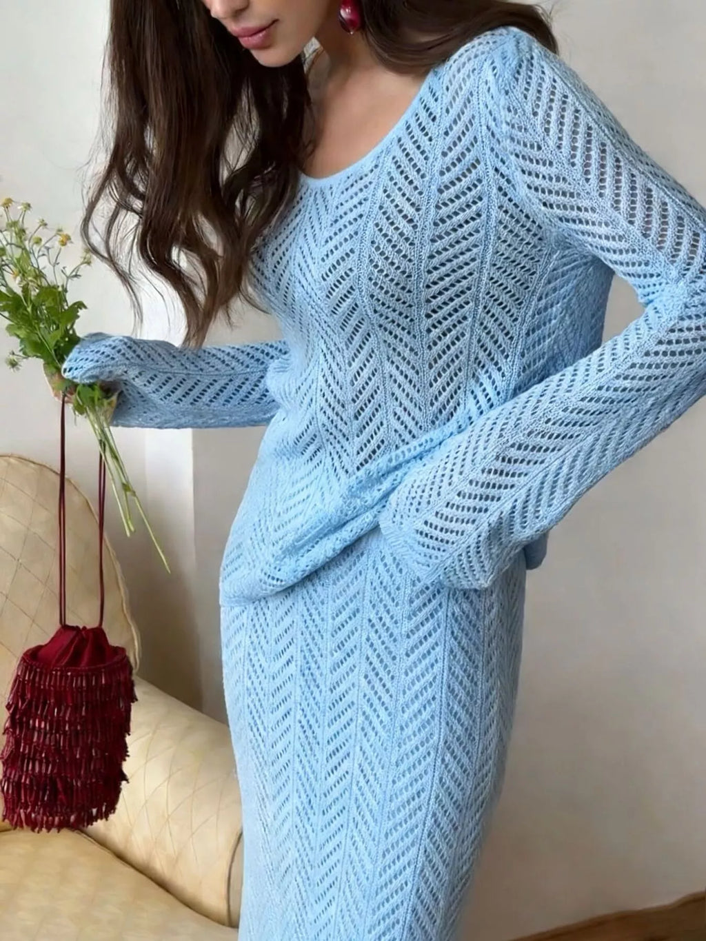 Openwork Long Sleeve Knit Top and Skirt Set