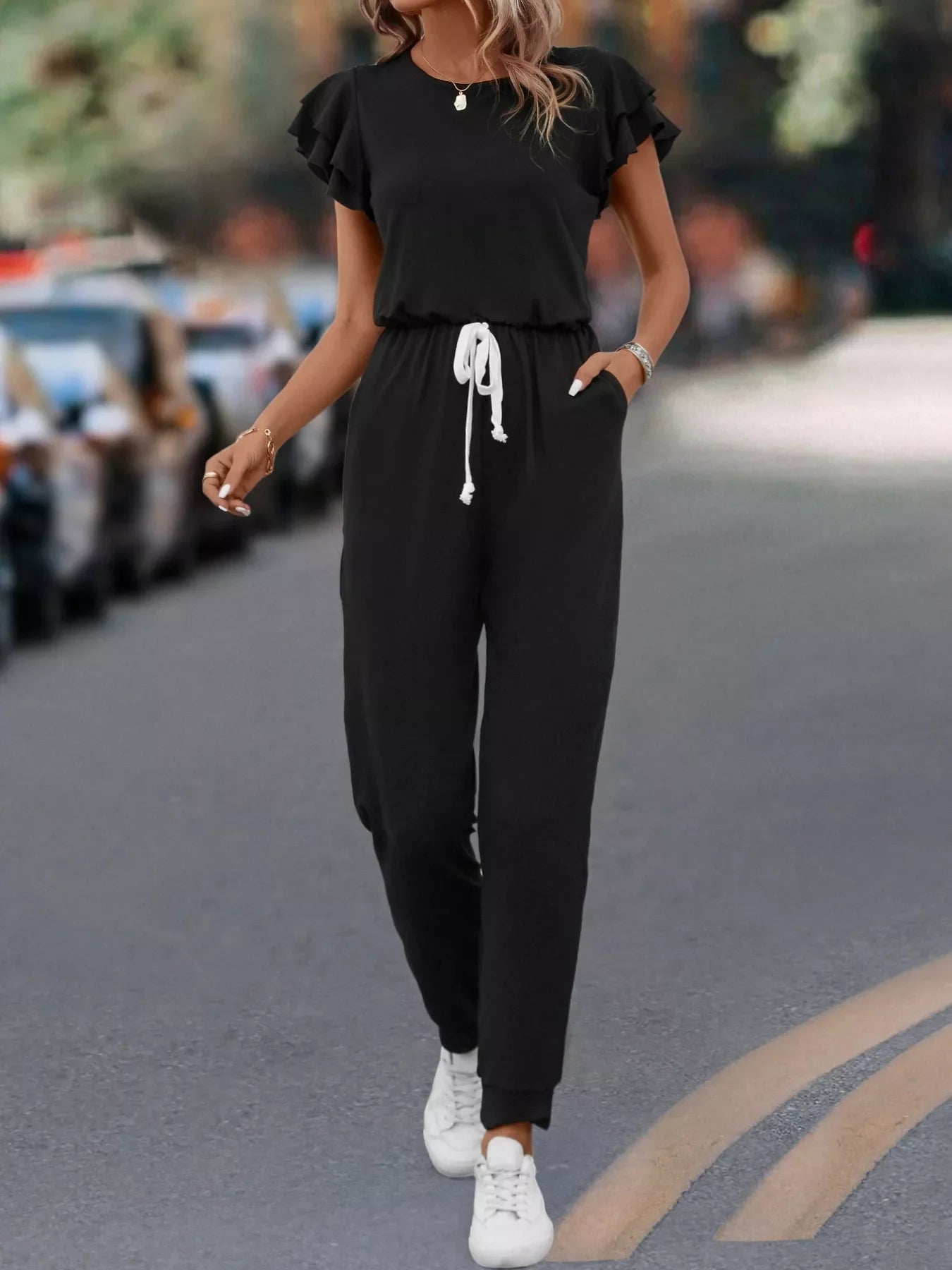Ruffle Sleeve Drawstring Waist Casual Jumpsuit