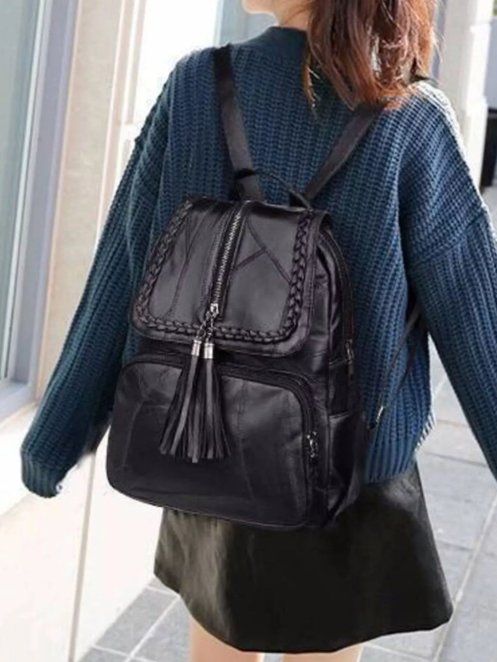 Braided Trim Leather Backpack Bag
