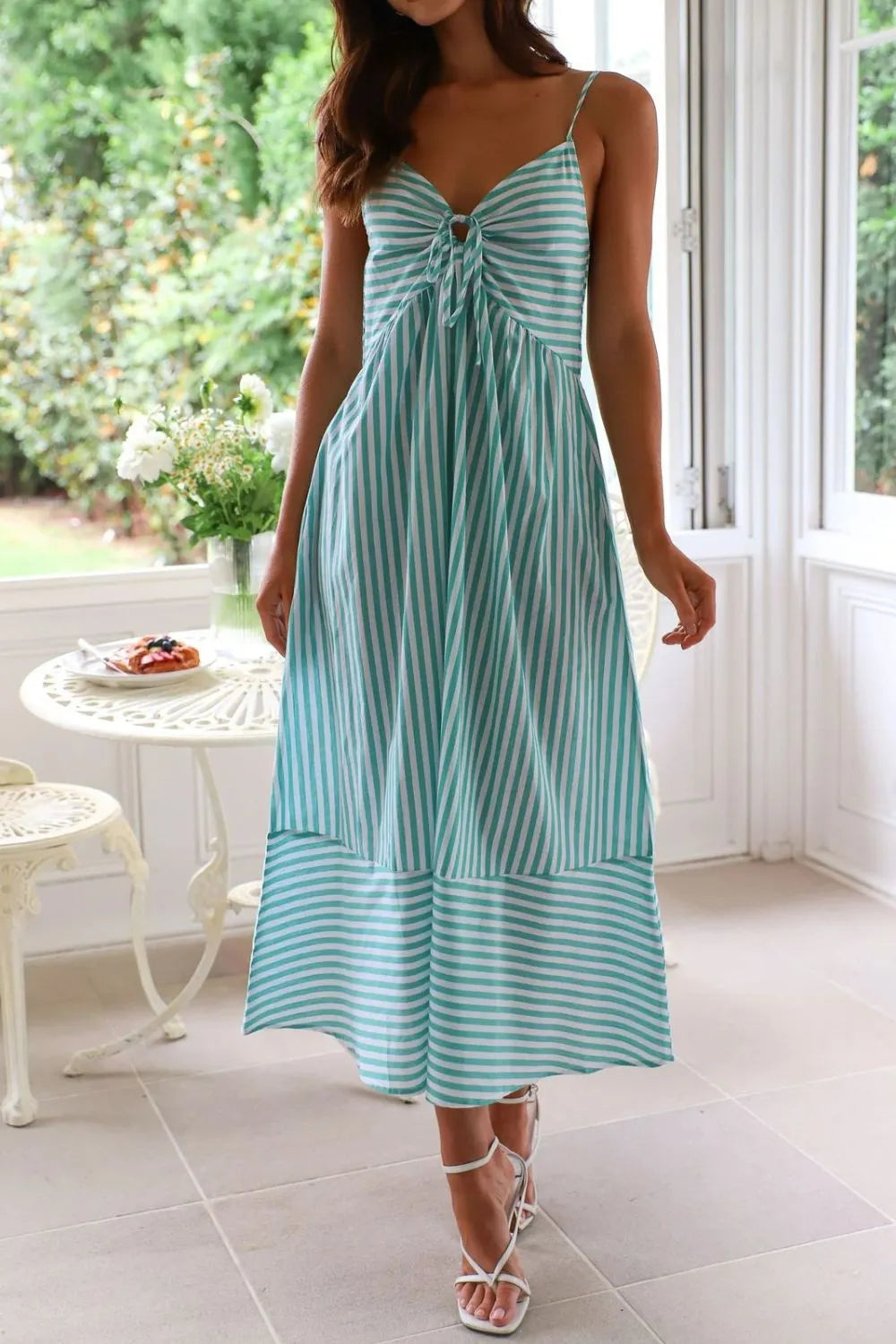Smocked Back Striped Sleeveless Midi Dress