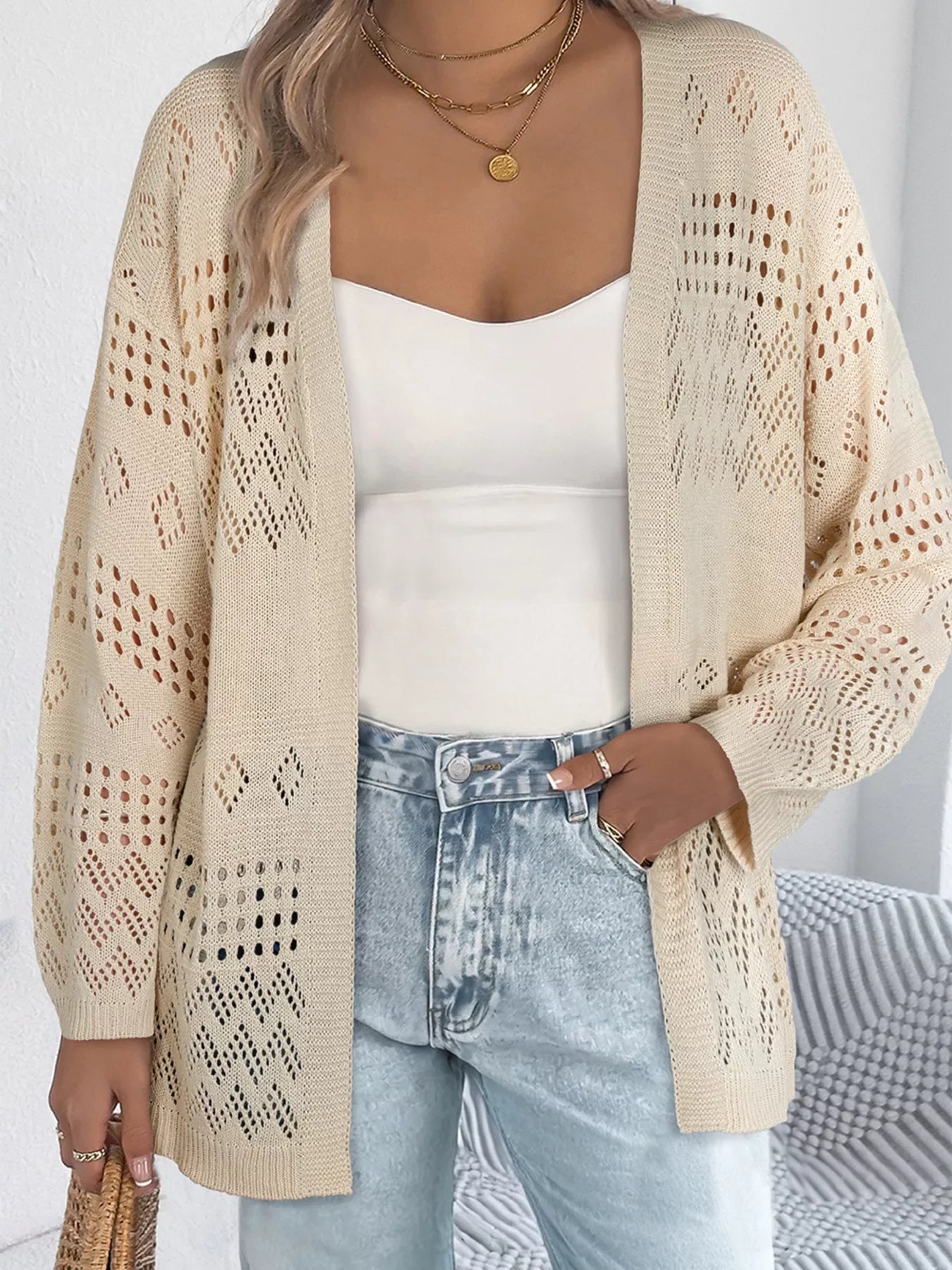 Hollowed Knit Open Front Cardigan