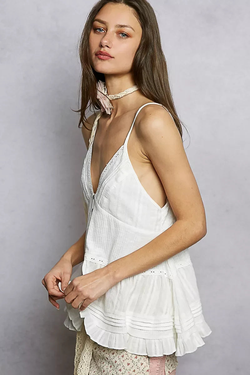 POL Button Front V-Neck Ruffled Cami with Pintuck Accents