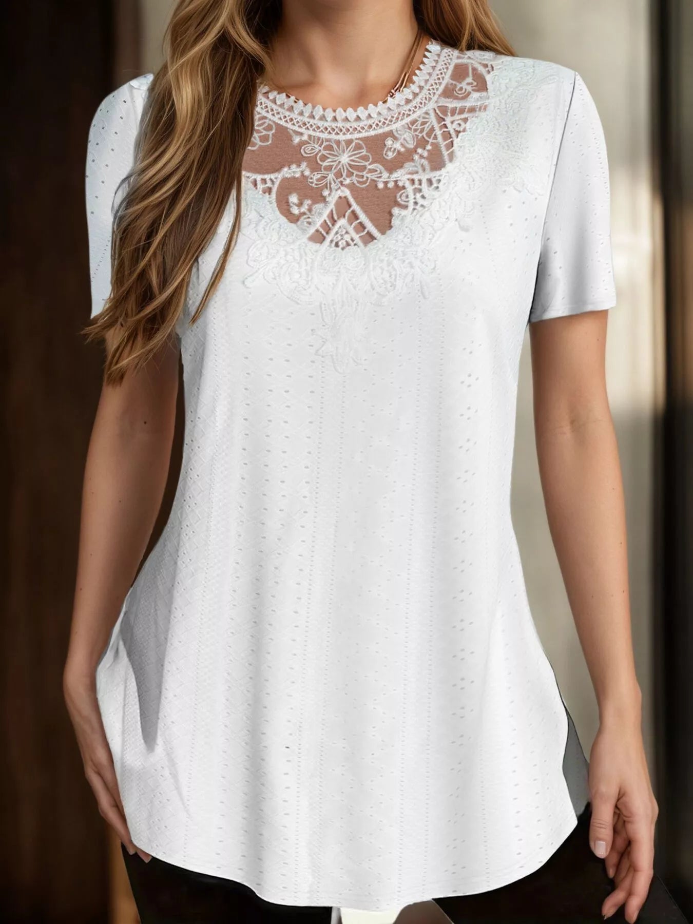 Lace Detail Eyelet Short Sleeve Top