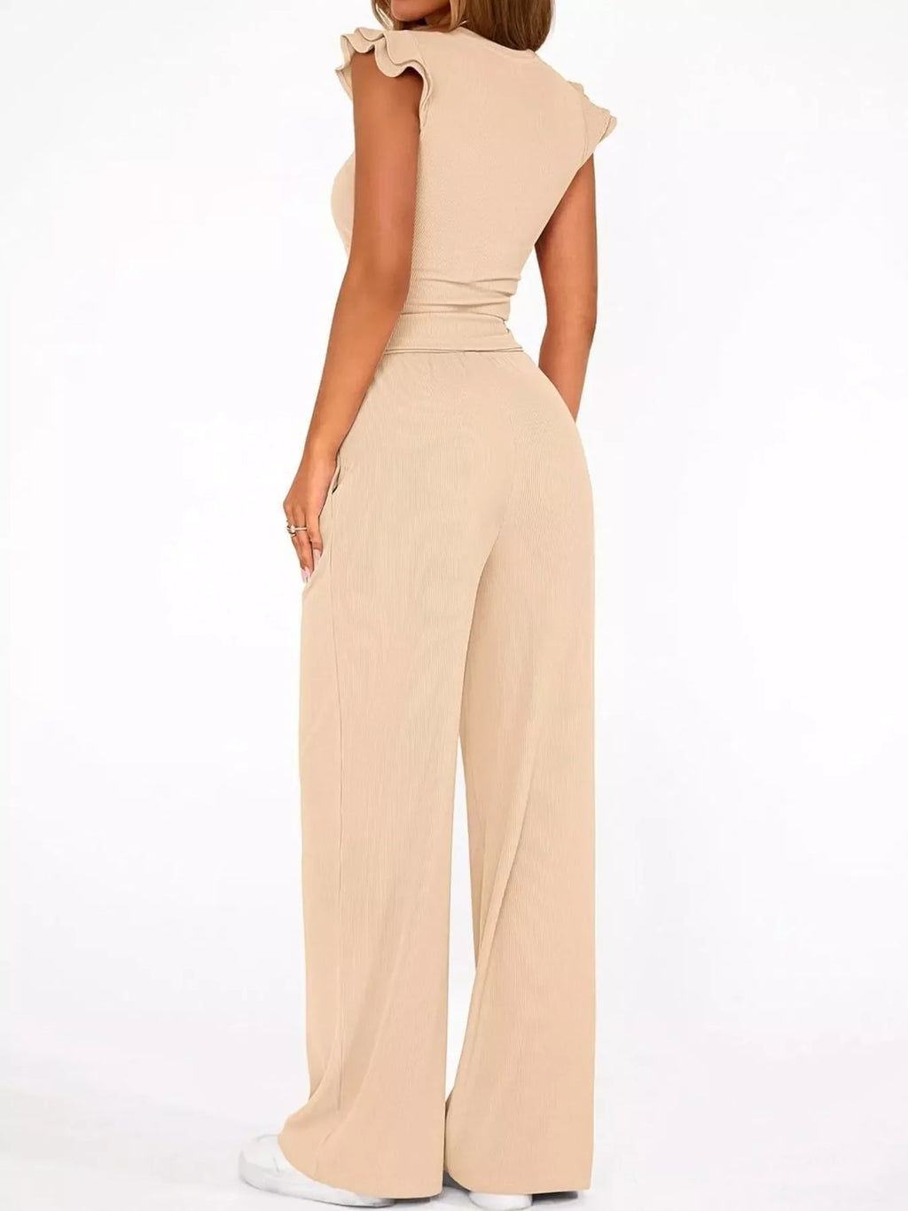 Ruffled Mock Neck Top and Wide Leg Pants Set