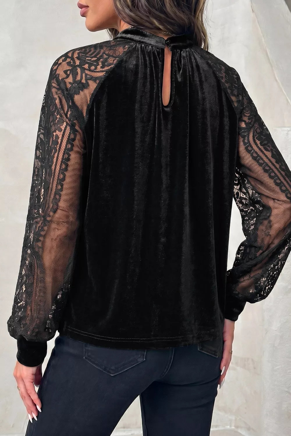 Solid Color Sheer Lace Long Sleeve Patchwork Stand Neck Velvet Blouse