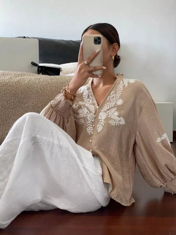 Embroidered Notched Long Sleeve Blouse