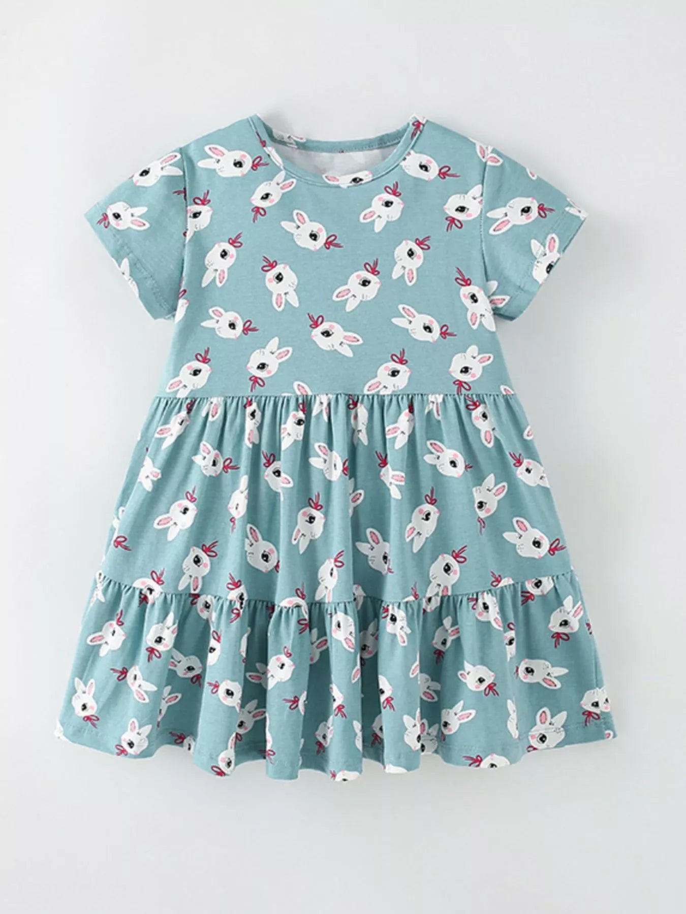 Children's Cute Bunny Print Tiered Ruffle Dress