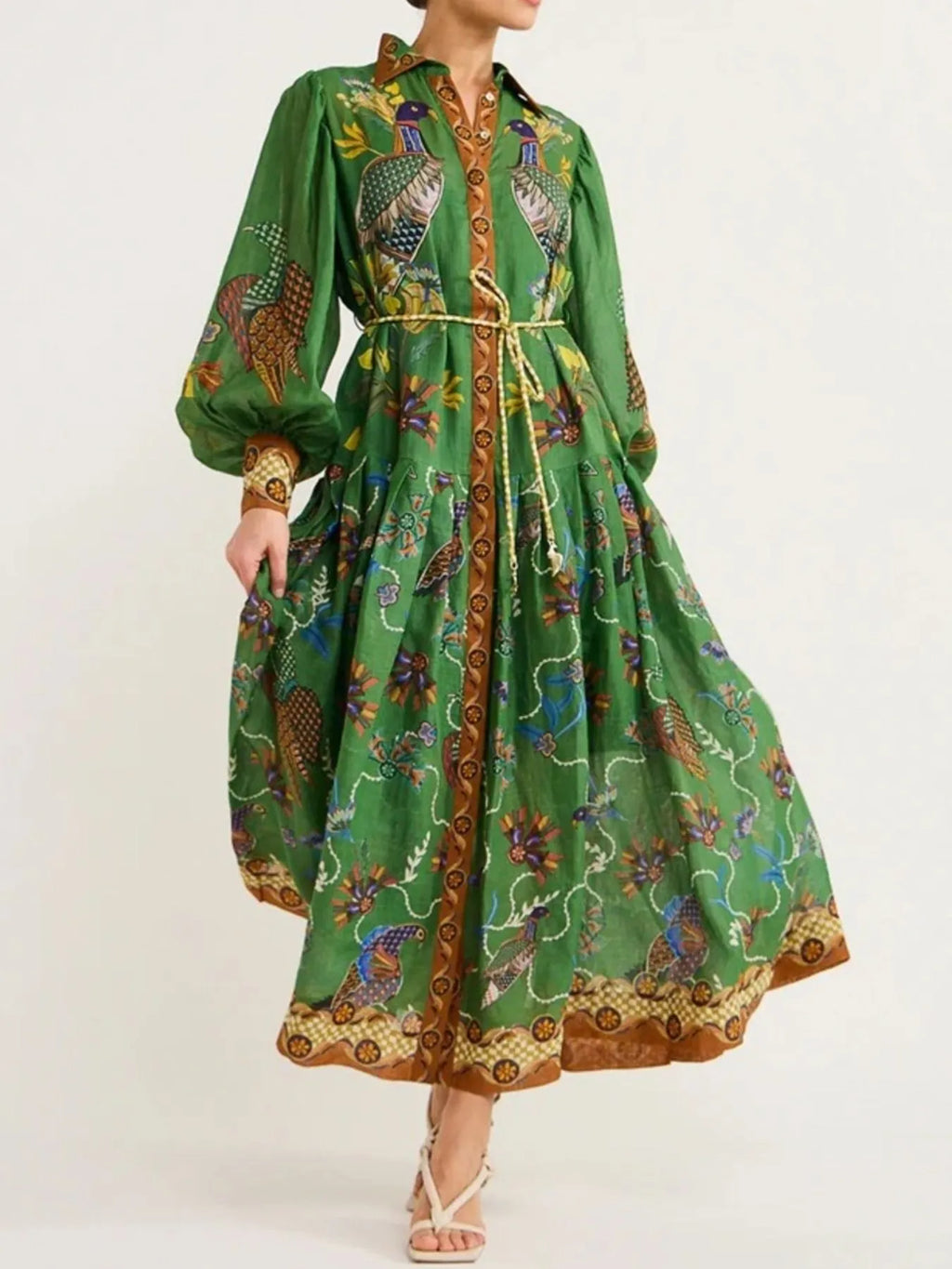 Printed Lantern Sleeve Maxi Shirt Dress