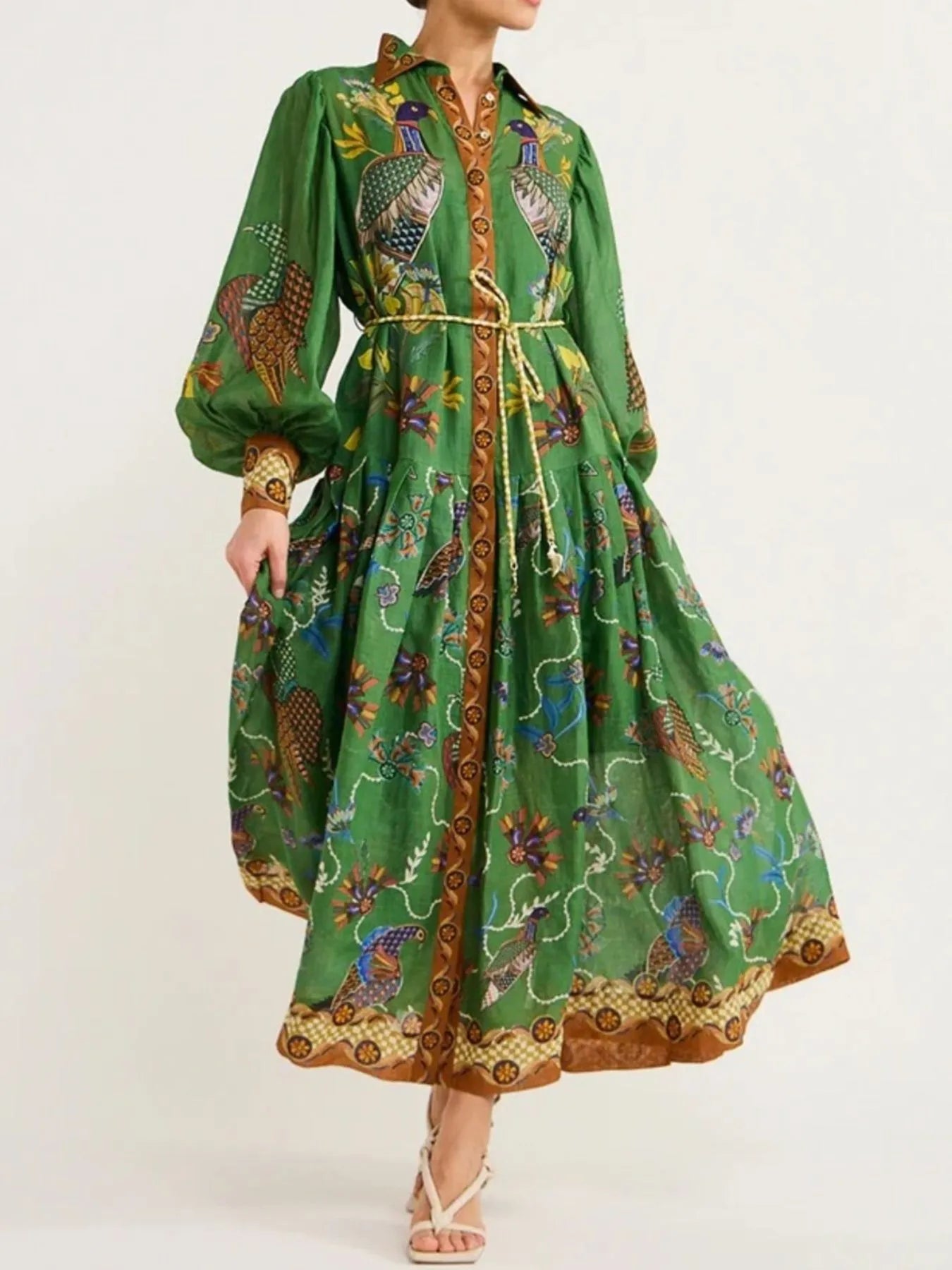 Printed Lantern Sleeve Maxi Shirt Dress
