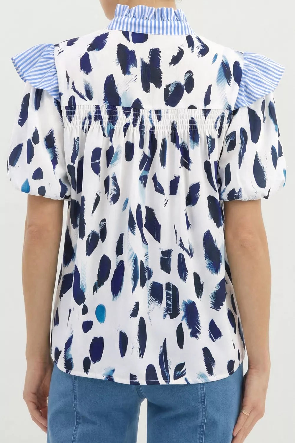 Abstract Animal Print Striped Ruffle Trim V Neck Blouse