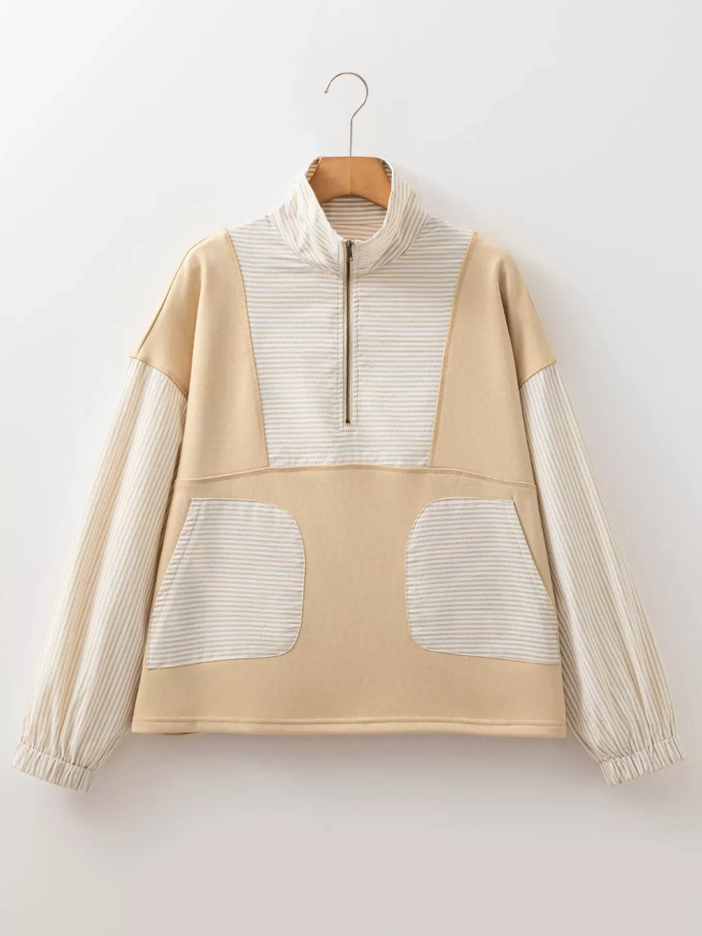 Quarter Zip Striped Patchwork Drop Shoulder Loose Long Sleeve Top