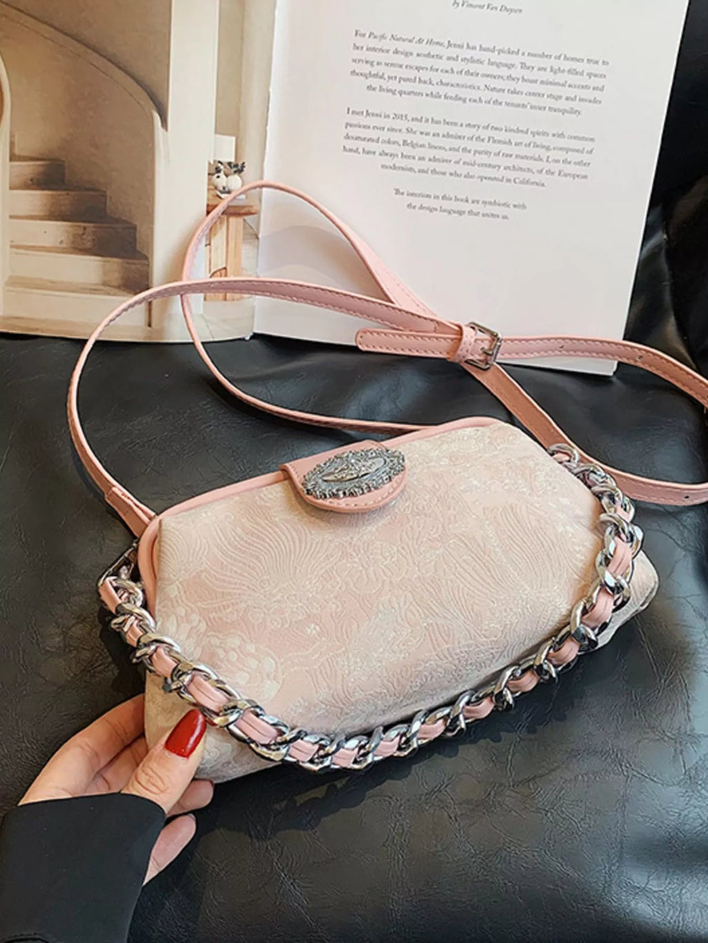 Embroidered Chain Crossbody Bag