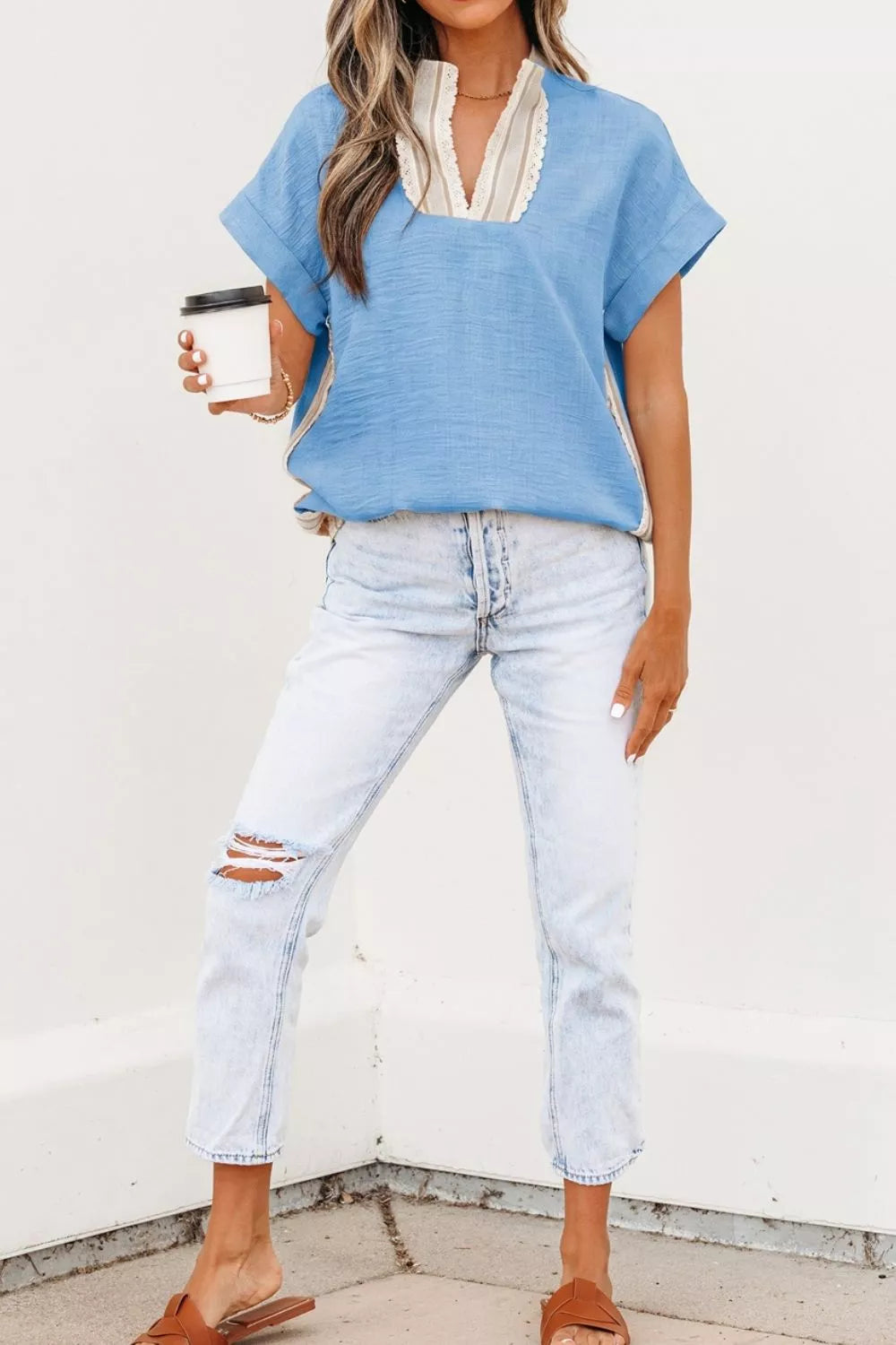 Crochet Lace Accent Pullover Rolled Short Sleeve Blouse