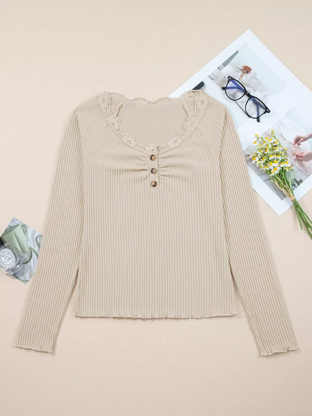 Lace Neckline Button Decor Lettuce Edge Long Sleeve Ribbed Top