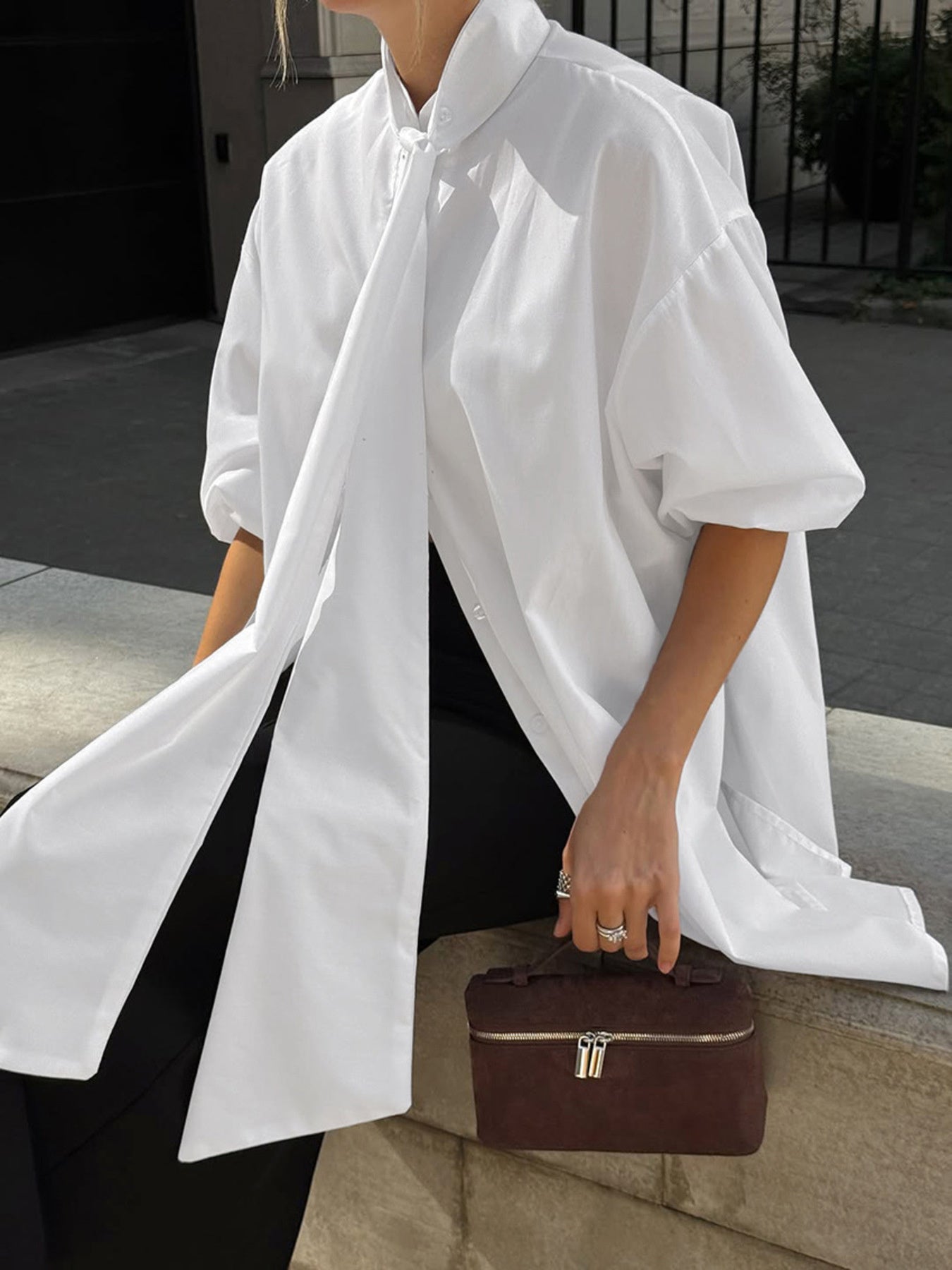 Tied Button Up Puff Sleeve Shirt