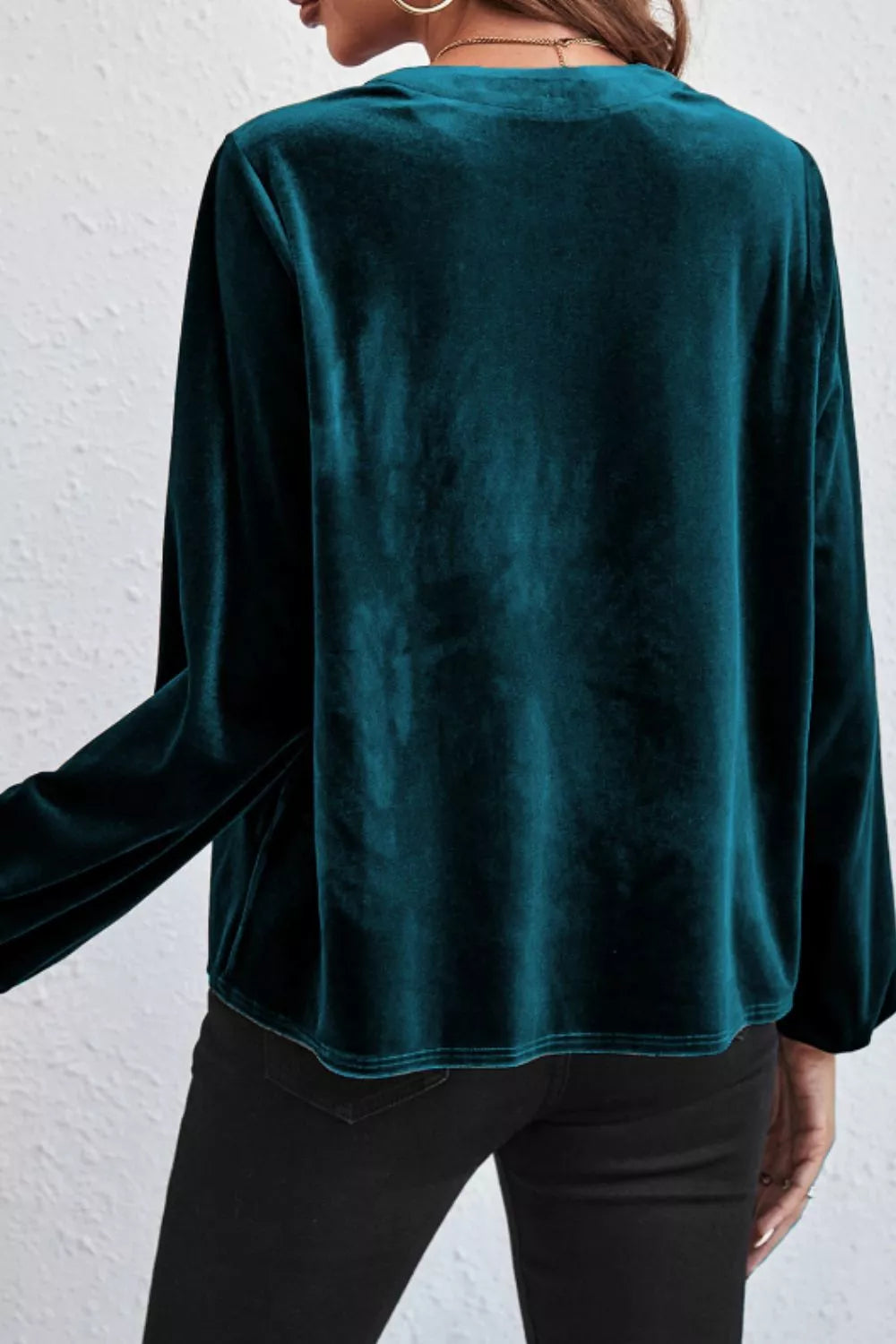 Notched Long Sleeve Velvet Top