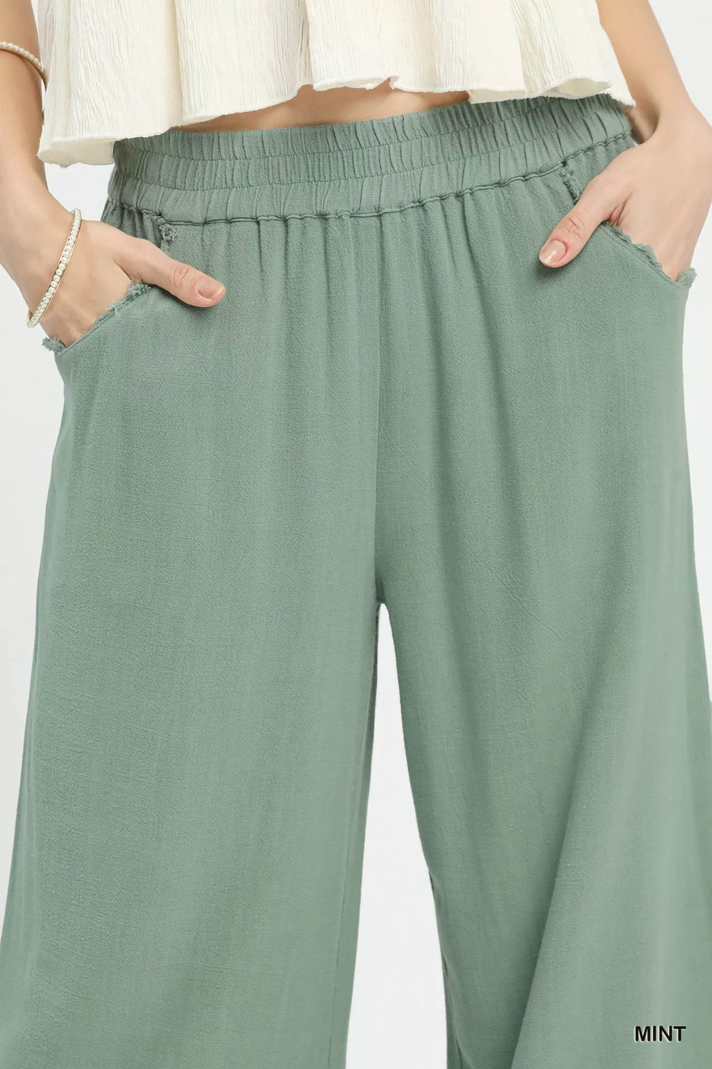 Umgee Linen Wide Leg Cropped Pants with Lace Trim